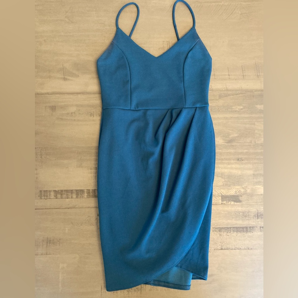 Lulu’s Forever Your Girl Teal Blue Bodycon Dress - spaghetti strap dress small - Picture 3 of 6